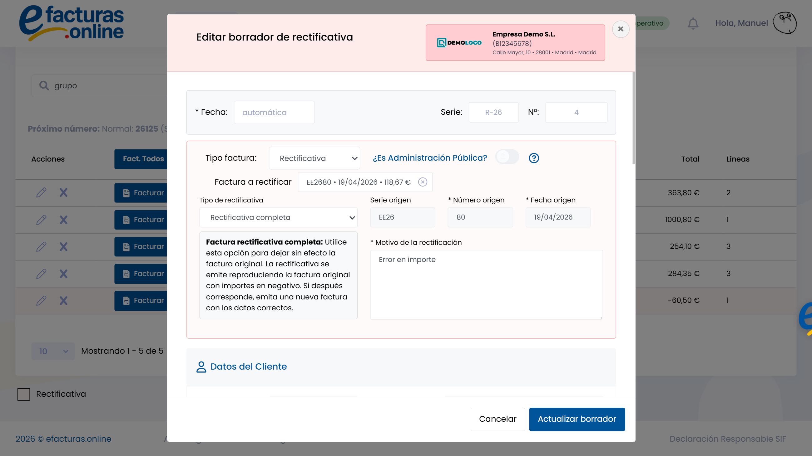 Edición de factura rectificativa